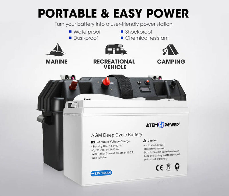 ATEM POWER 12V 135Ah AGM Deep Cycle Battery + 12V 20A DC to DC Battery Charger + Battery Box