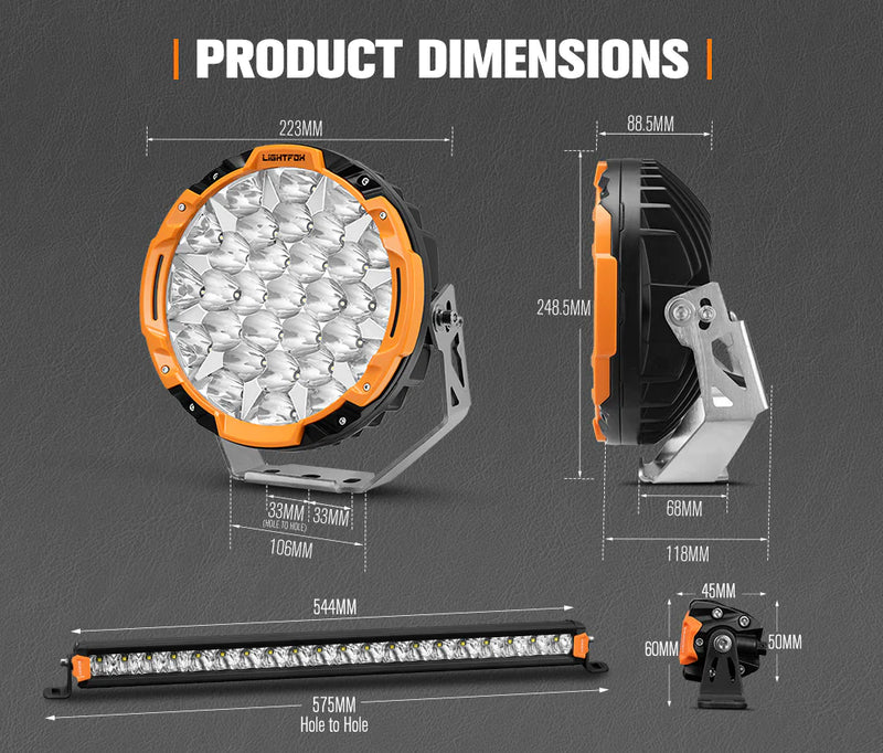 LIGHTFOX 9" Osram LED Driving Lights + 20" Single Row LED Light Bar + Wiring Kit