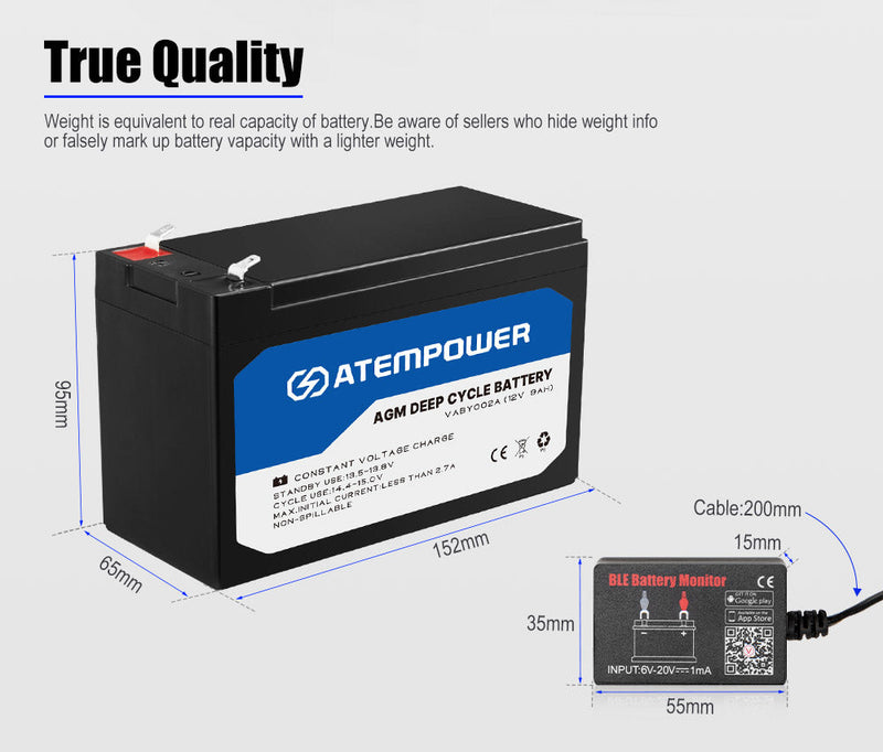 ATEM POWER 12V 9AH AGM Battery w/ Battery Monitor AMP Lead Acid SLA Deep Cycle Battery