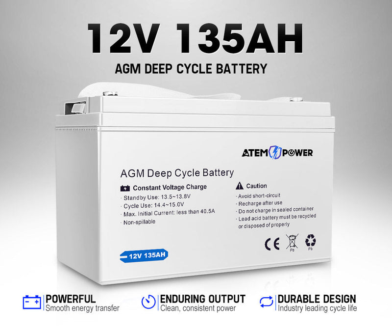 ATEM POWER 135Ah 12V AGM Deep Cycle Battery Portable 4WD Sealed Marine Solar SLA