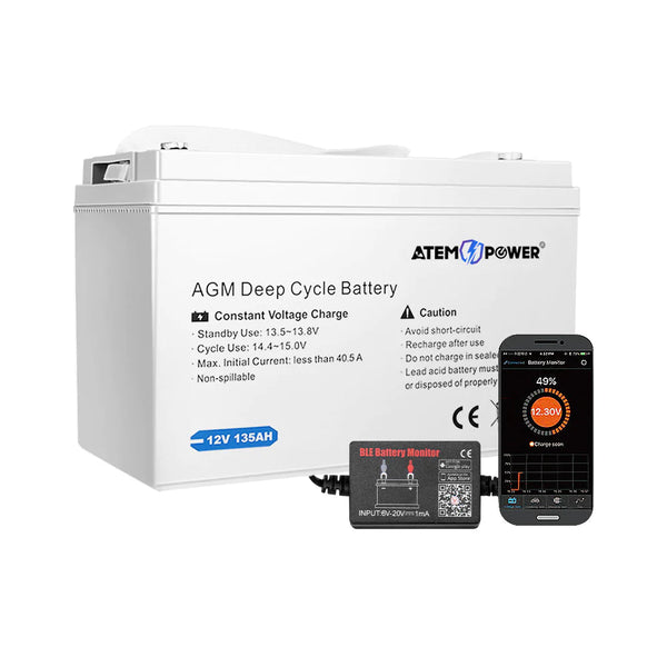 ATEM POWER 135Ah 12V AGM Deep Cycle Battery w/ Battery Monitor Portabl –  BrightSparkLedAustralia