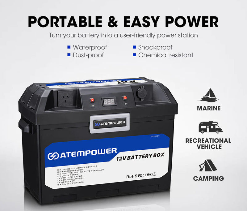 ATEM POWER Battery Box with 500W Inverter built-in VSR Isolator + 135Ah 12V AGM Battery