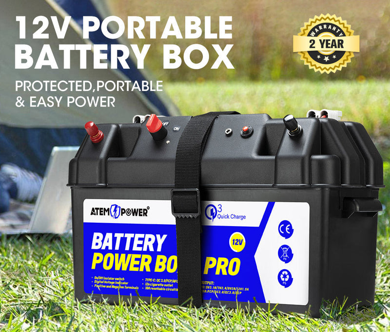ATEM POWER 12V Battery Box w/ Monitor Portable Deep Cycle Batteries Type C Quick Charge USB