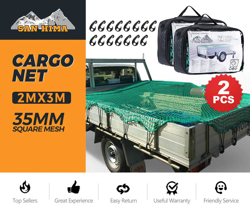 2x Cargo Net 2m x 3m Nylon 35mm Mesh Bungee Cord with Hooks Ute Trailer