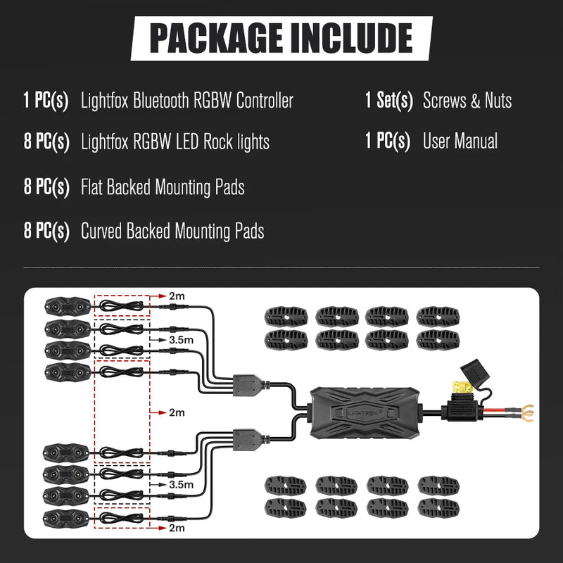 LIGHTFOX RGBW LED Rock Lights - 8 Pack