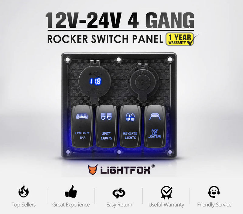 4 Gang Rocker Switch Panel ON-OFF Toggle Voltmeter USB C Type Charger 12V 24V