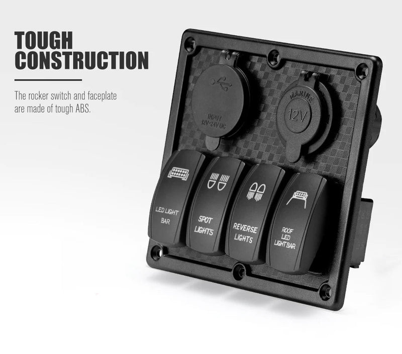 4 Gang Rocker Switch Panel ON-OFF Toggle Voltmeter USB C Type Charger 12V 24V