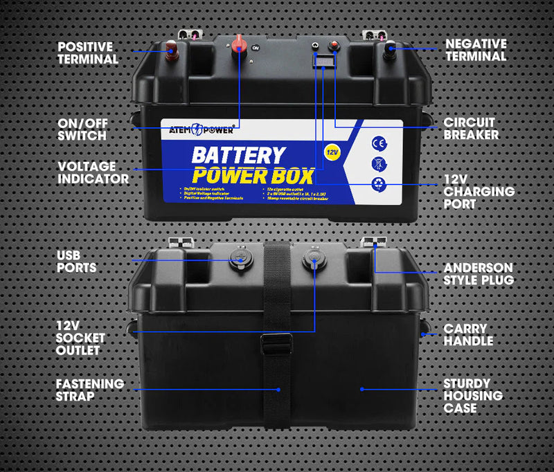 ATEM POWER 12V 135Ah AGM Deep Cycle Battery + 12V 20A DC to DC Battery Charger + Battery Box