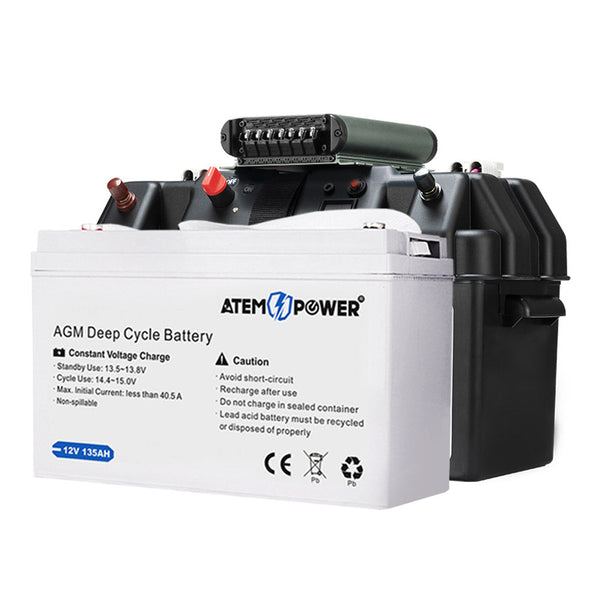 ATEM POWER 12V 135Ah AGM Deep Cycle Battery + 12V 40A DC to DC Battery Charger + Battery Box